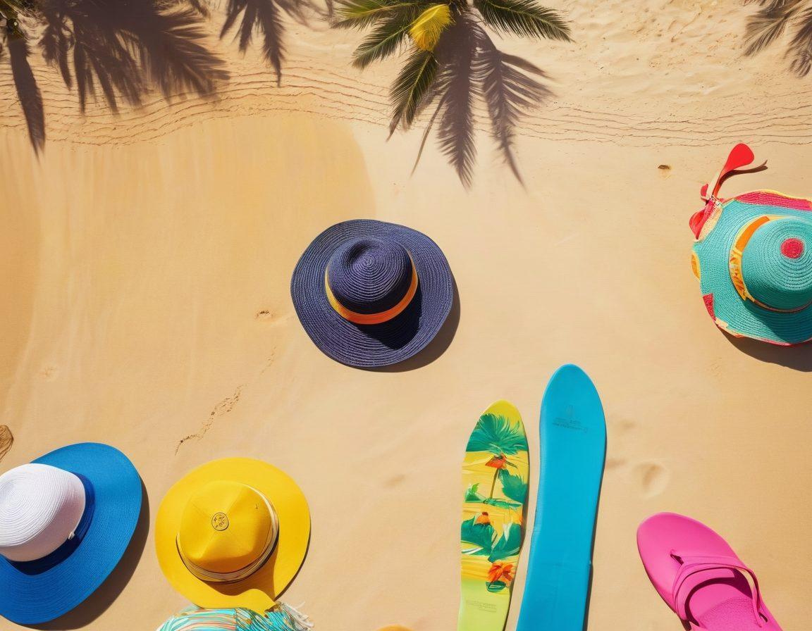 A vibrant beach scene showcasing a diverse group of people wearing stylish summer gear, such as colorful swimsuits, sun hats, and fitness accessories. The backdrop features golden sand, clear blue waters, and beach umbrellas. Include activities like beach volleyball and yoga on the sand, with palm trees swaying in the breeze. Capture the essence of fun and fitness in summer. vibrant colors. super-realistic.