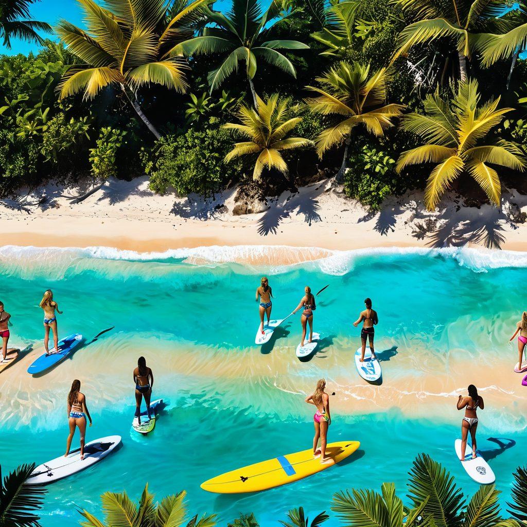 A stunning beach scene featuring a diverse group of adventure seekers wearing fashionable two-piece swimwear, engaged in activities like surfing, paddleboarding, and beach volleyball. The vibrant colors of their swimsuits contrast with the crystal-clear blue ocean and golden sandy beach. Add elements of exotic tropical plants and playful beach accessories to enhance the adventurous vibe. Capture the essence of summer fun and excitement. vibrant colors. super-realistic. tropical theme.